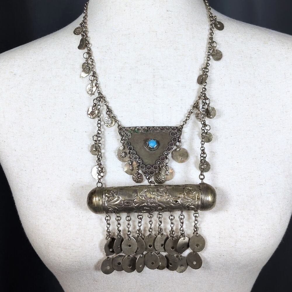 Vtg Antique Silver Tone Ottoman Hamayli Hirz Amulet Talisman Blue Stone Necklace